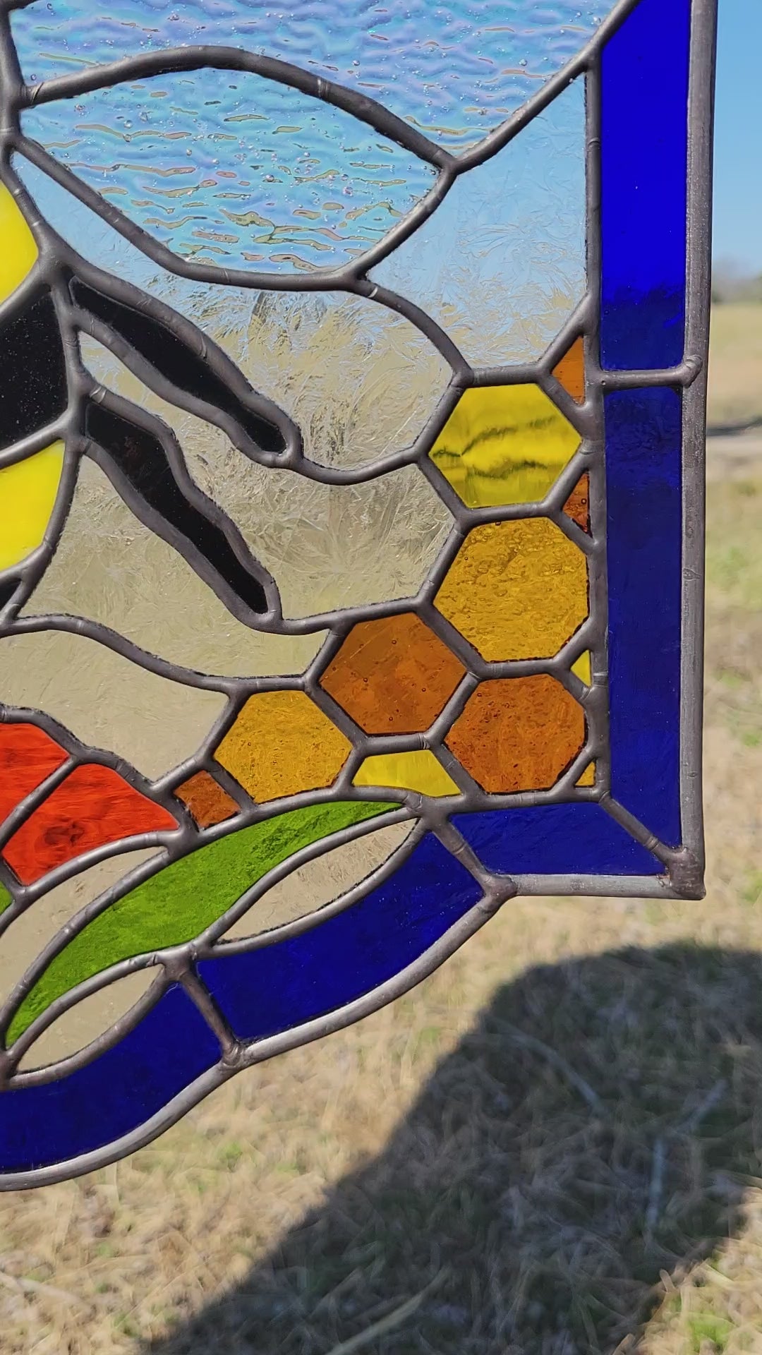 Honeybee stained glass window panel hanging in natural sunlight with vibrant blue, yellow, and orange glass details.